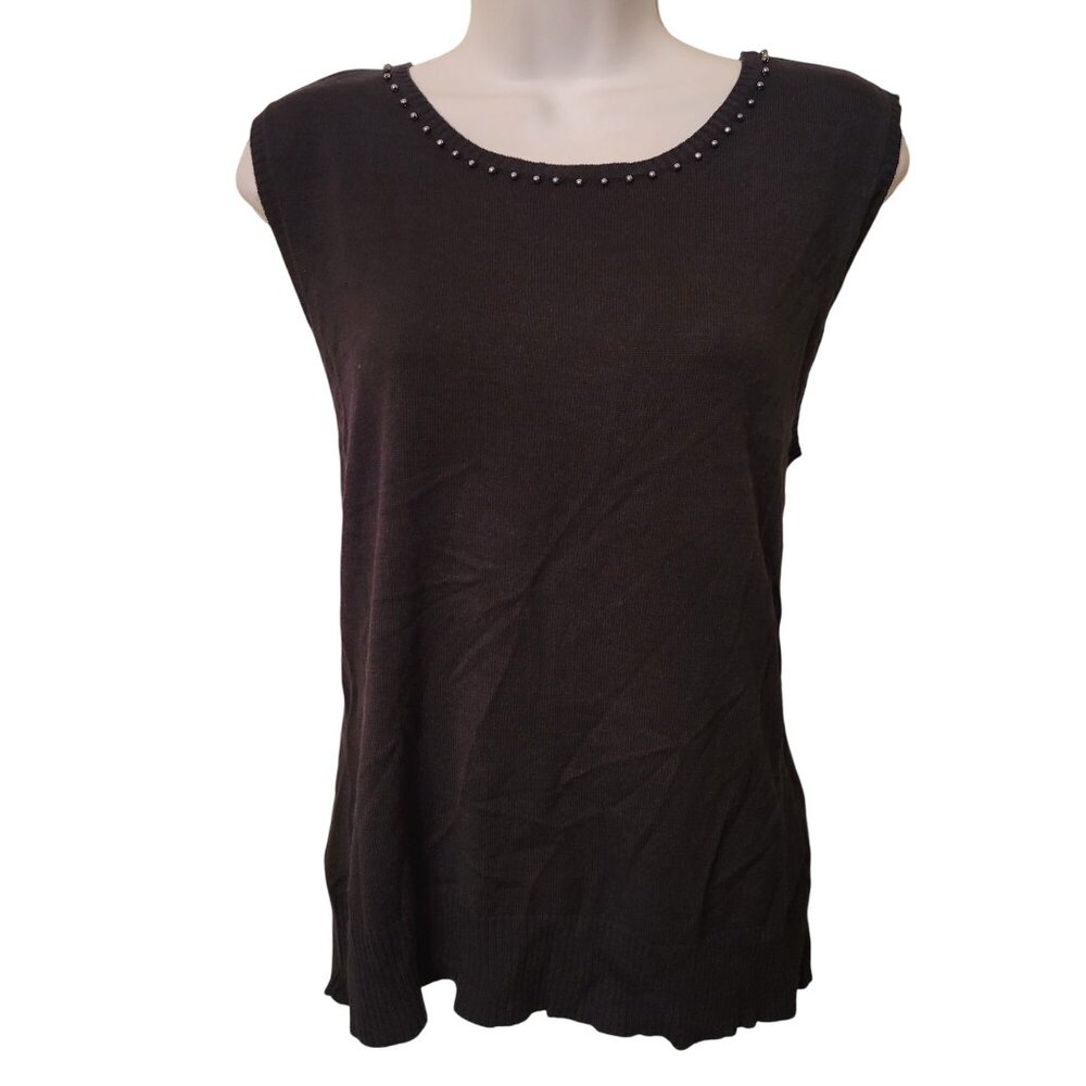 Oscar De La Renta L Black Beaded Scoop Neck Sleeveless Sweater Top Silk